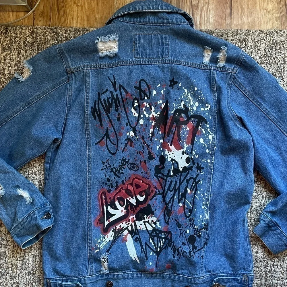Distressed Denim Graffiti Jean Jacket Womens - Picture 8 of 10